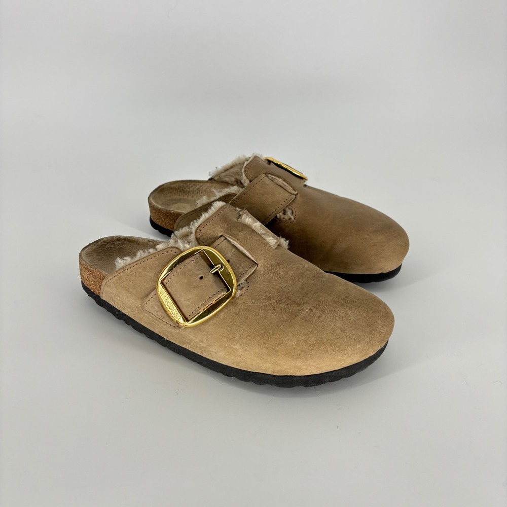 Birkenstock Boston Big Buckle Shearling Clogs Tan Women Size 39 Broken Buckle